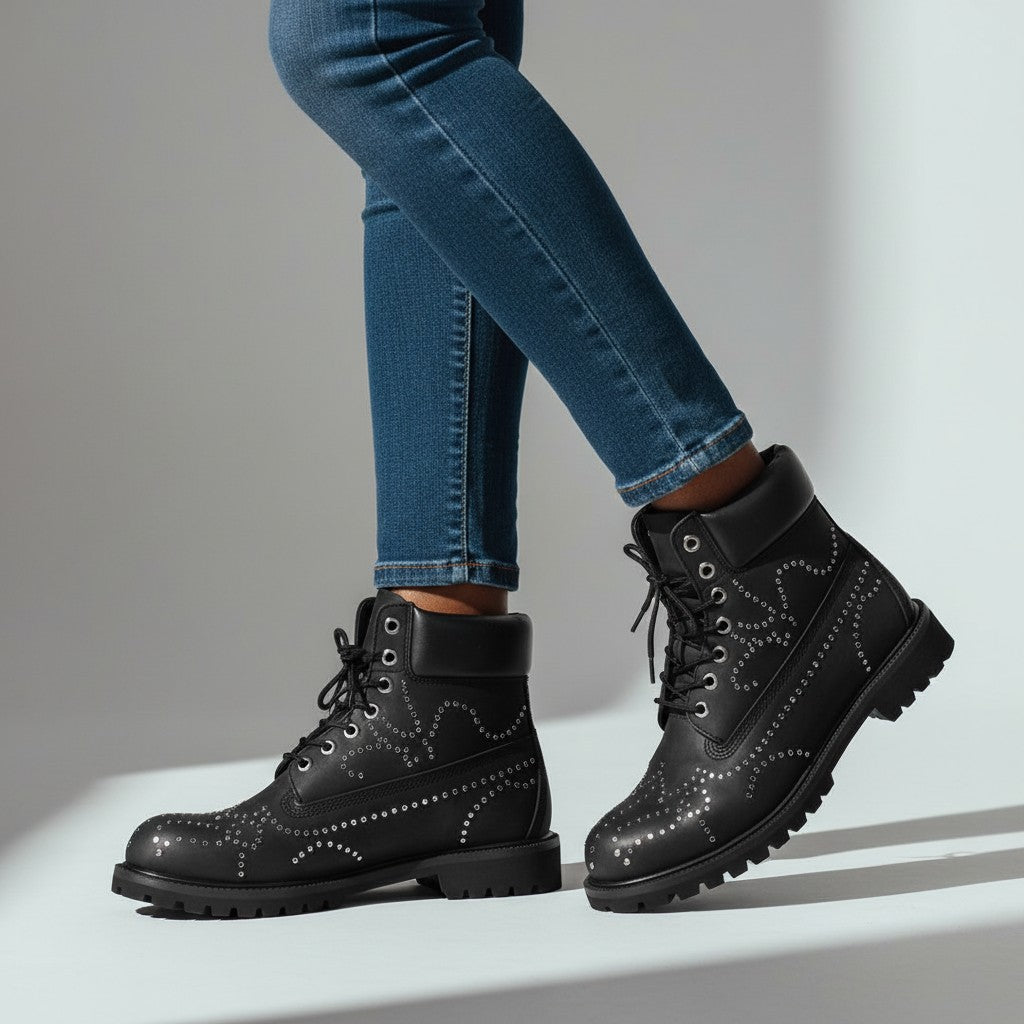 Men's All-Black Crystal-Studded Suede Ankle Boots with Chain Laces