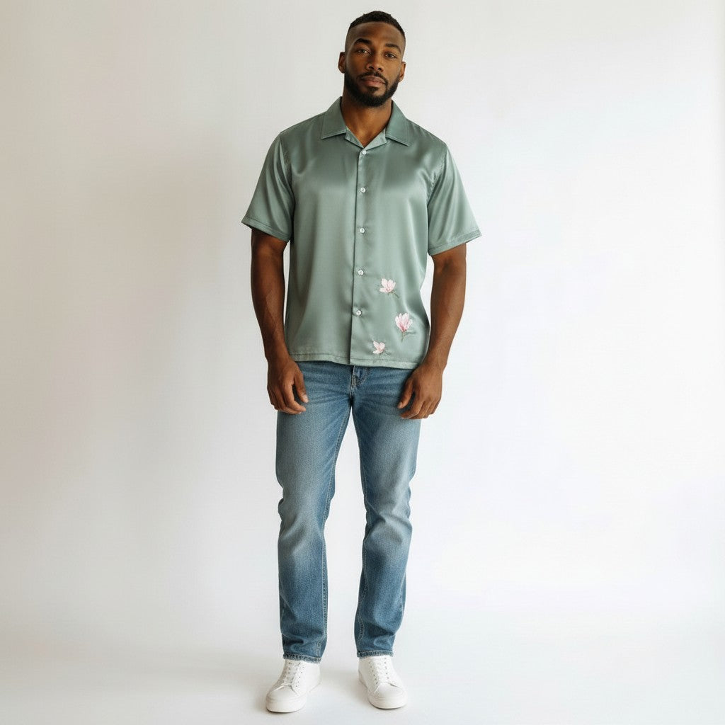Satin Floral Cuban Collar Shirt – Teal