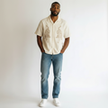 Men's Cream Tiger Embroidery Camp Collar Short-Sleeve Shirt