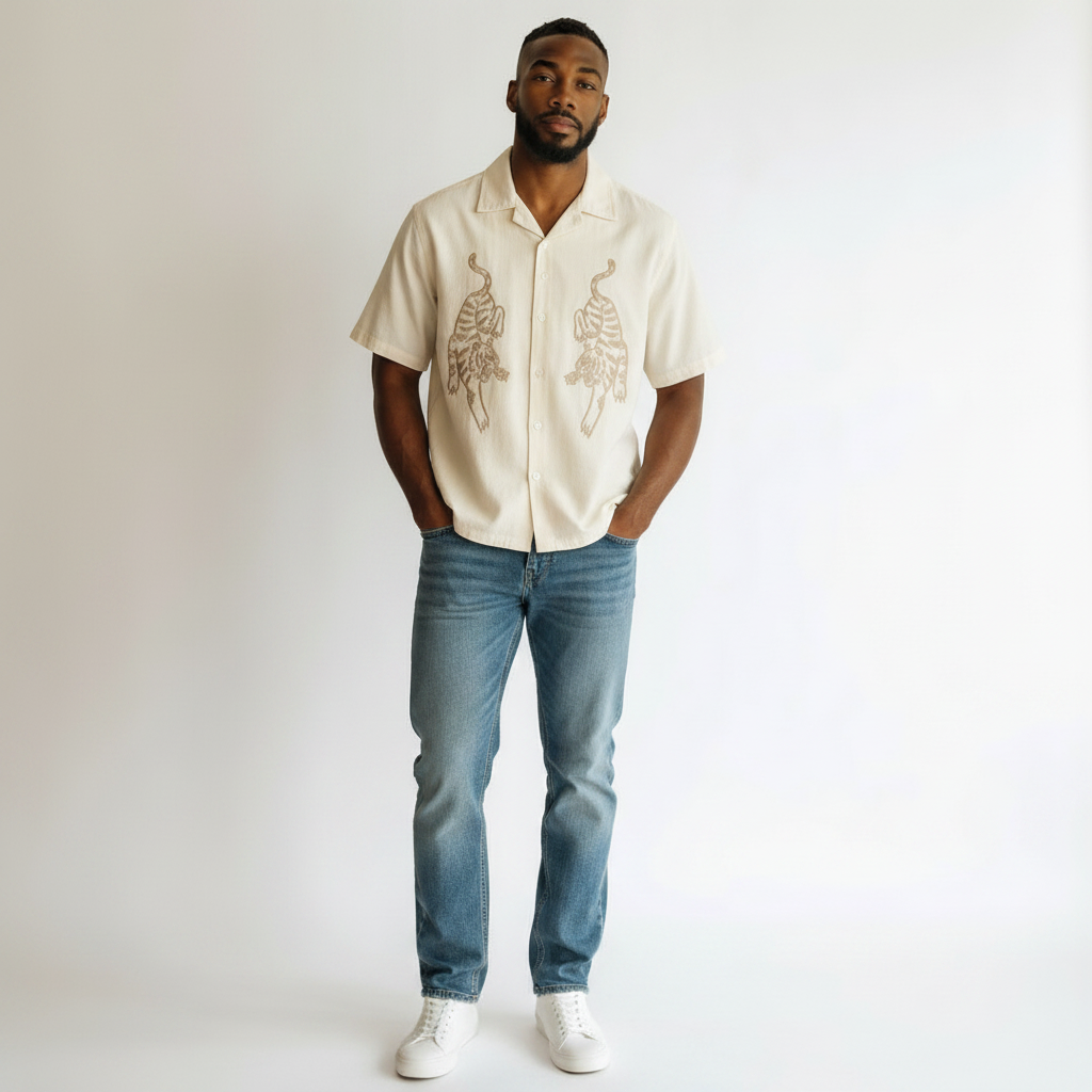 Men's Cream Tiger Embroidery Camp Collar Short-Sleeve Shirt