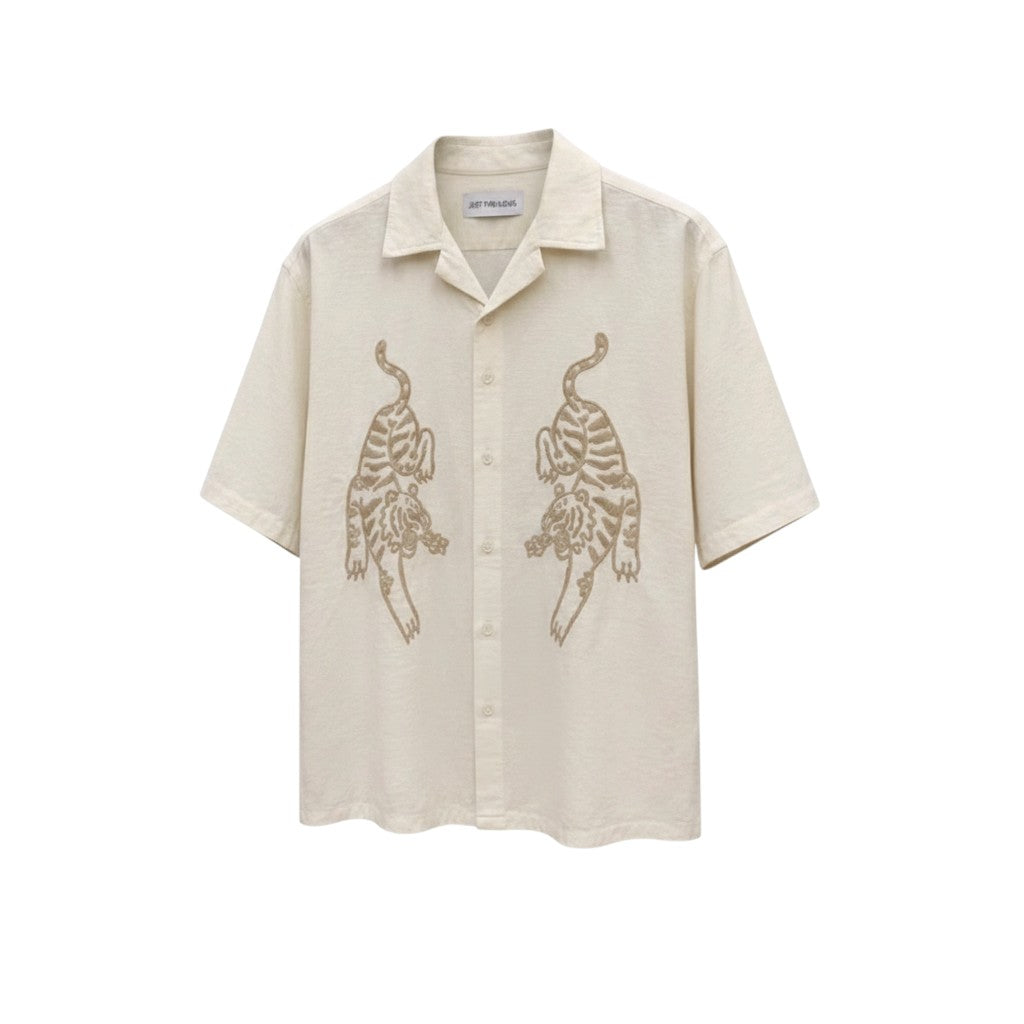 Men's Cream Tiger Embroidery Camp Collar Short-Sleeve Shirt