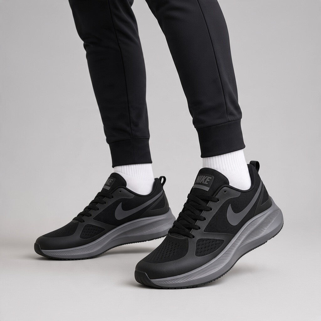 Men’s Black Mesh Sneakers with Sculpted Grey Soles