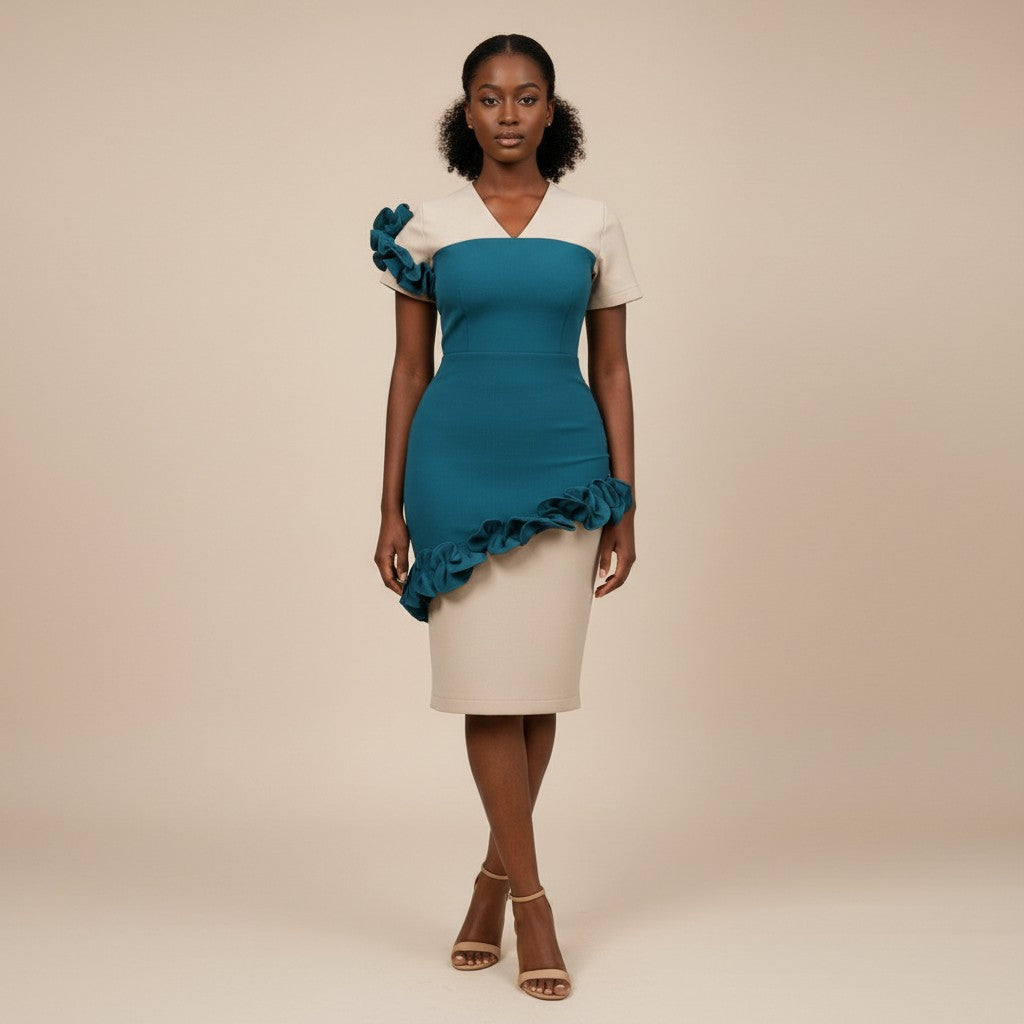 Women's Cream & Teal Colour Block Ruffle Hem Bodycon Midi Dress