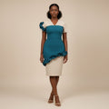 Women's Cream & Teal Colour Block Ruffle Hem Bodycon Midi Dress
