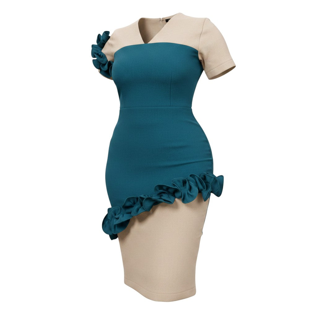 Women's Cream & Teal Colour Block Ruffle Hem Bodycon Midi Dress