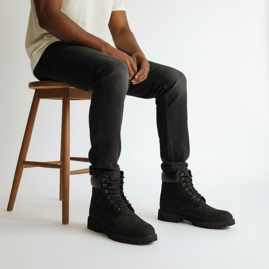 All-Black Monogram Embossed Lace-Up Men's Boots