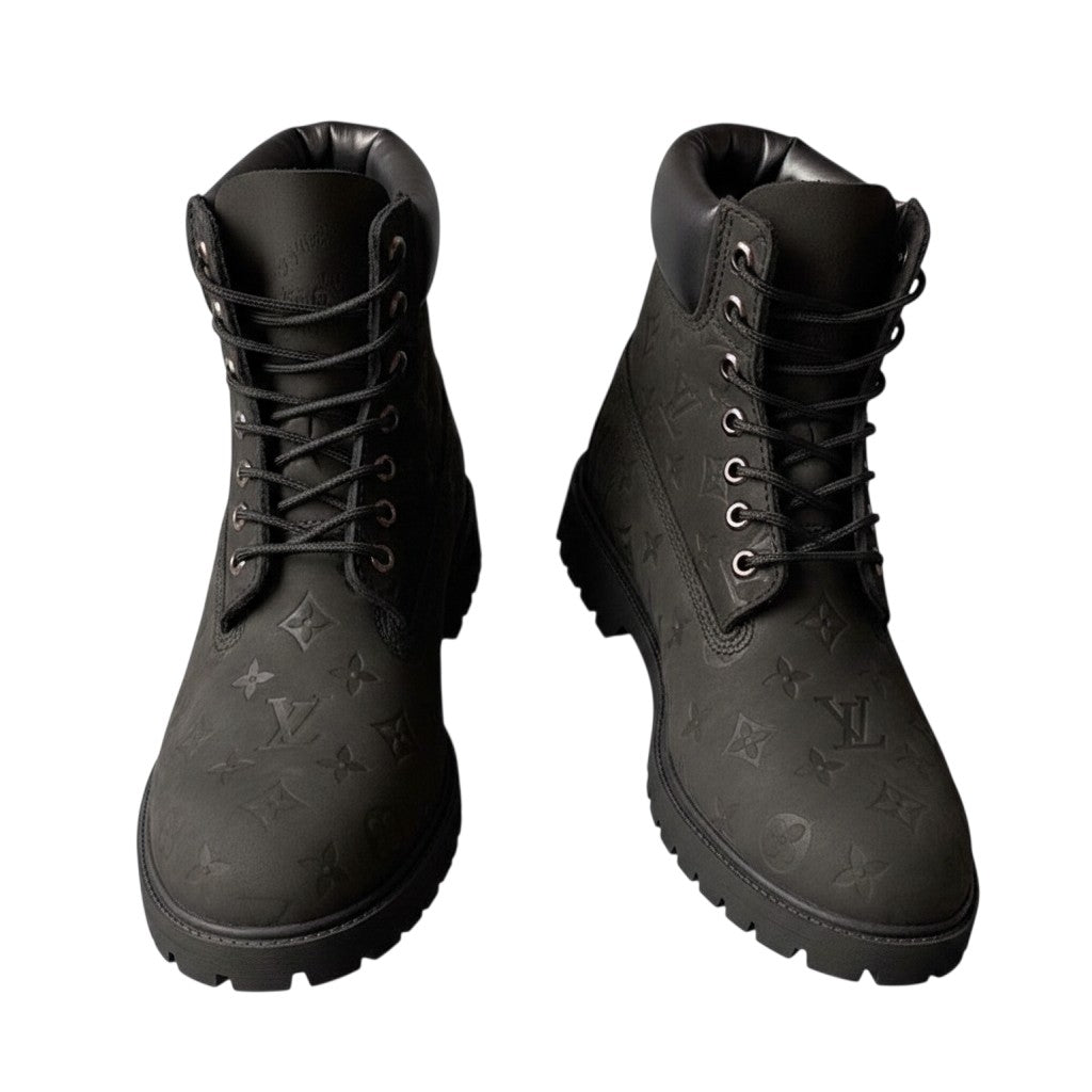 All-Black Monogram Embossed Lace-Up Men's Boots