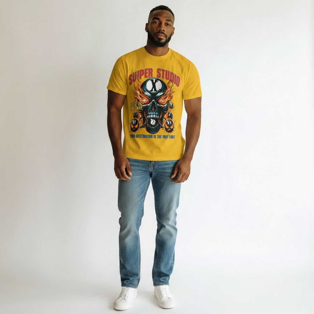 Men's Yellow Suiper Studio Skull Graphic Oversized T-Shirt