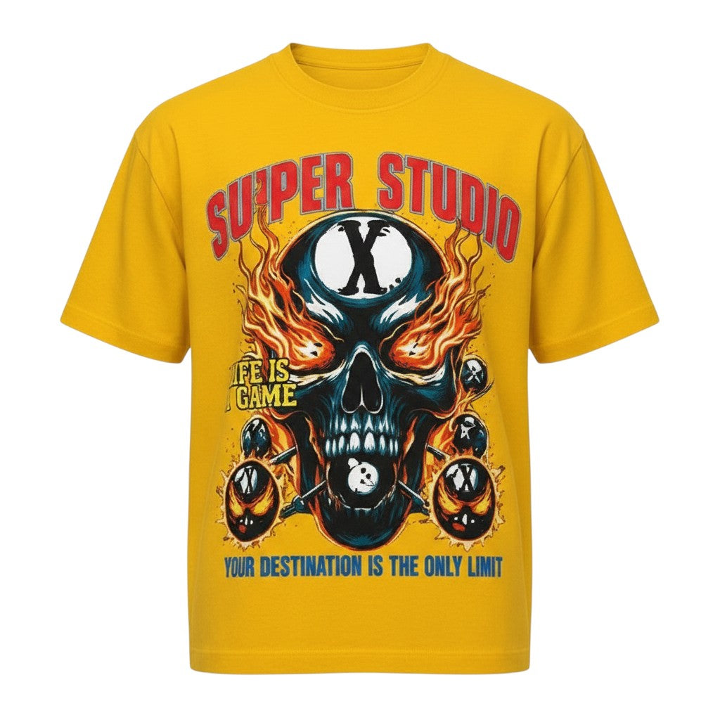 Men's Yellow Suiper Studio Skull Graphic Oversized T-Shirt