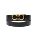 Black Leather Gold Double-Ring Script Plaque Buckle Men's Belt