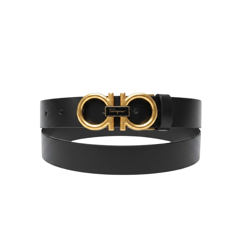Black Leather Gold Double-Ring Script Plaque Buckle Men's Belt