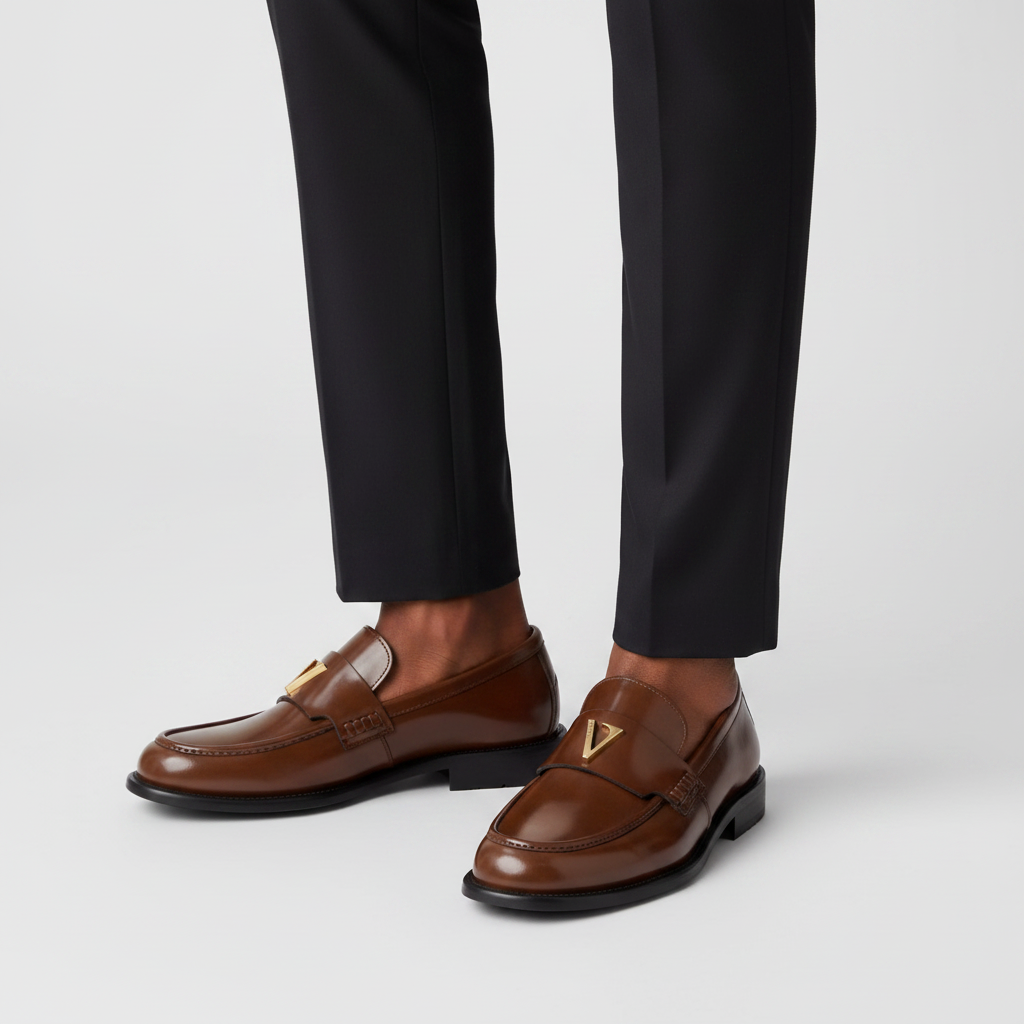 Men's Cognac Brown Glossy Patent Leather Penny Loafers with Gold-Tone Hardware