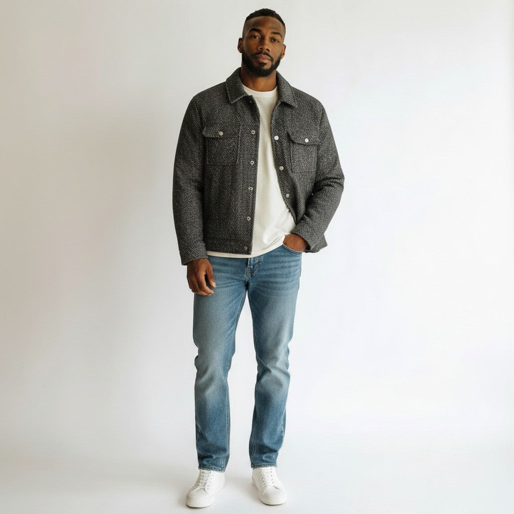 Men's Black Silver Herringbone Tweed Snap-Button Jacket