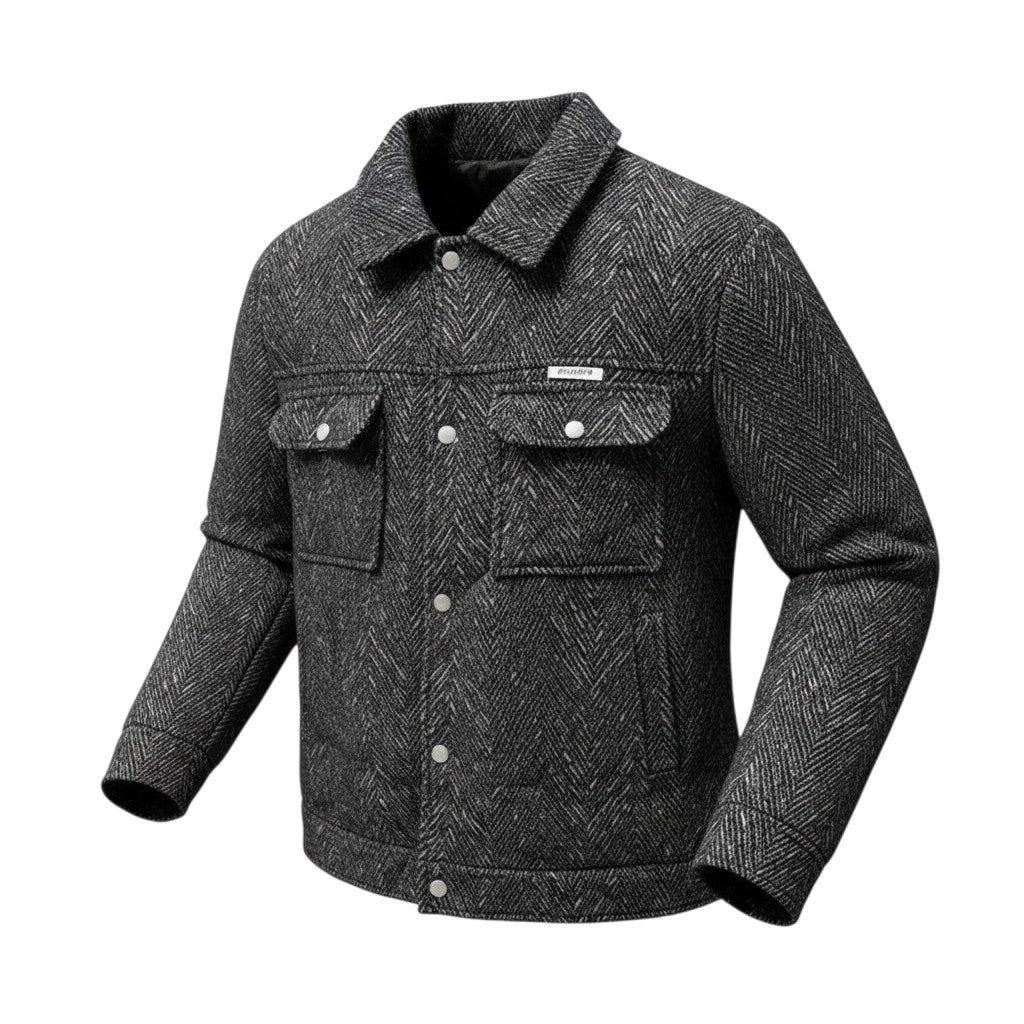 Men's Black Silver Herringbone Tweed Snap-Button Jacket