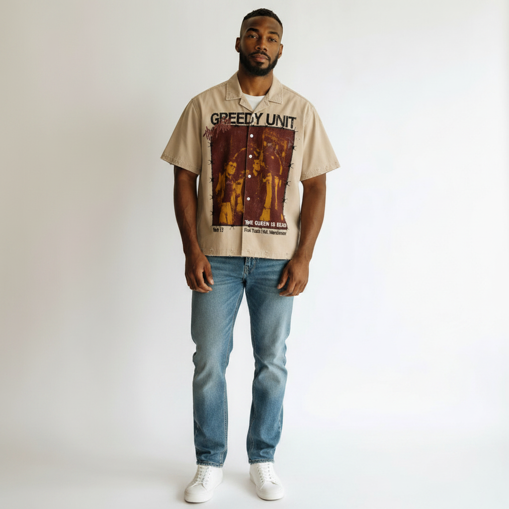 Men's Cream Vintage Poster Print Cuban Collar Shirt