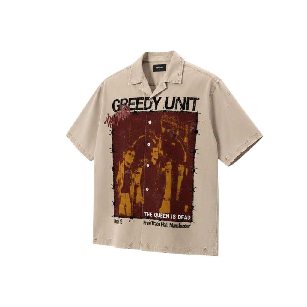 Men's Cream Vintage Poster Print Cuban Collar Shirt