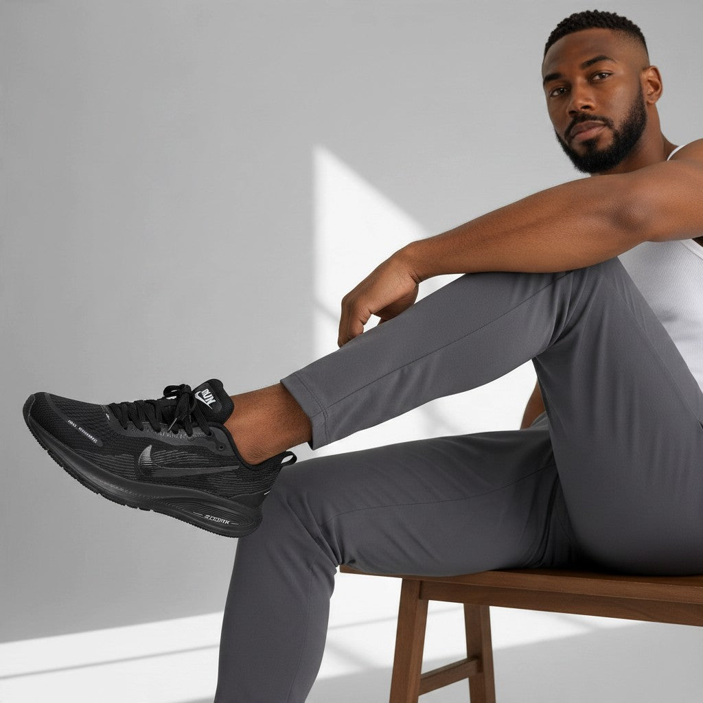 All-Black Textured-Mesh Sculpted-Sole Sneakers