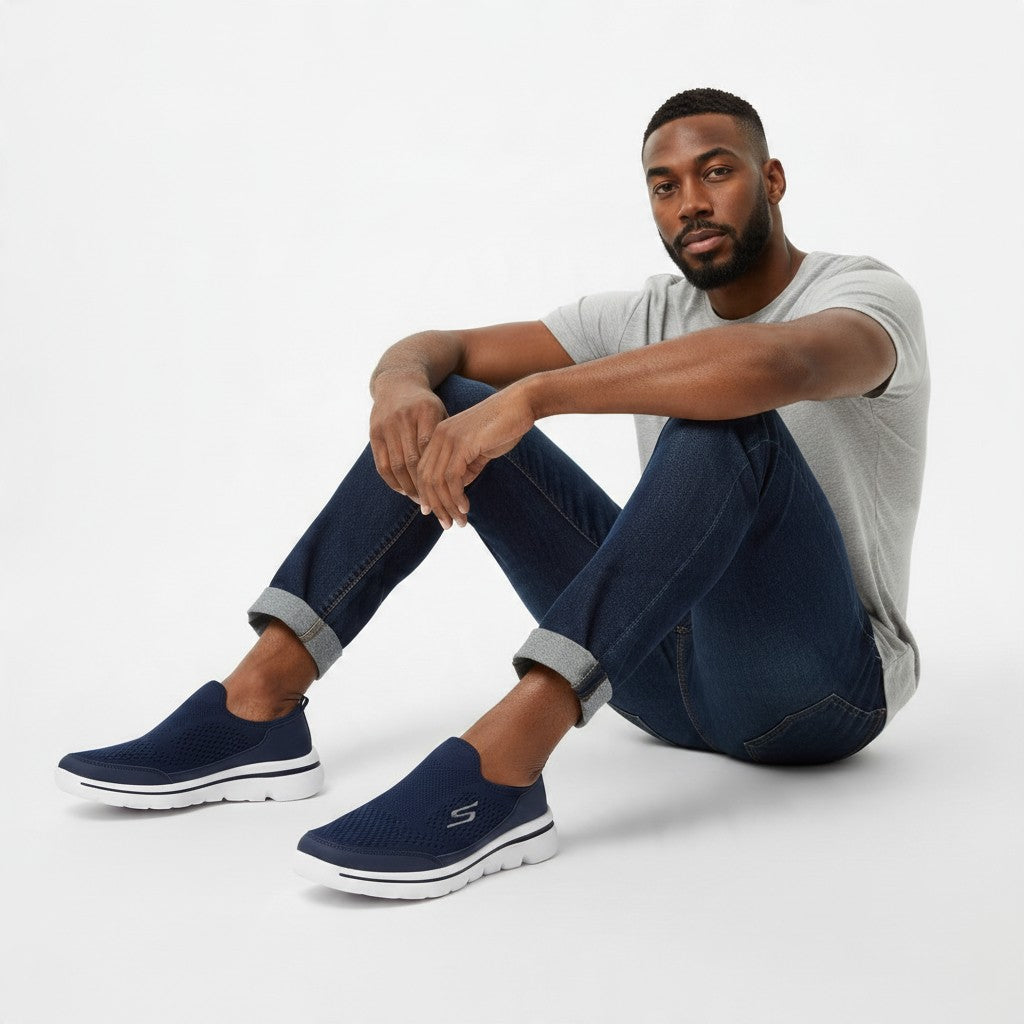 Navy Textured-Knit White-Sole Slip-Ons