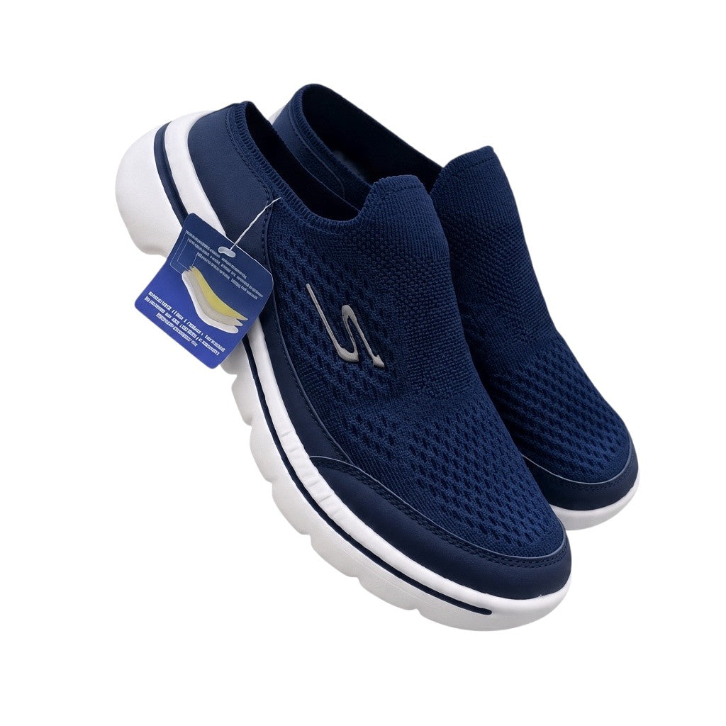 Navy Textured-Knit White-Sole Slip-Ons