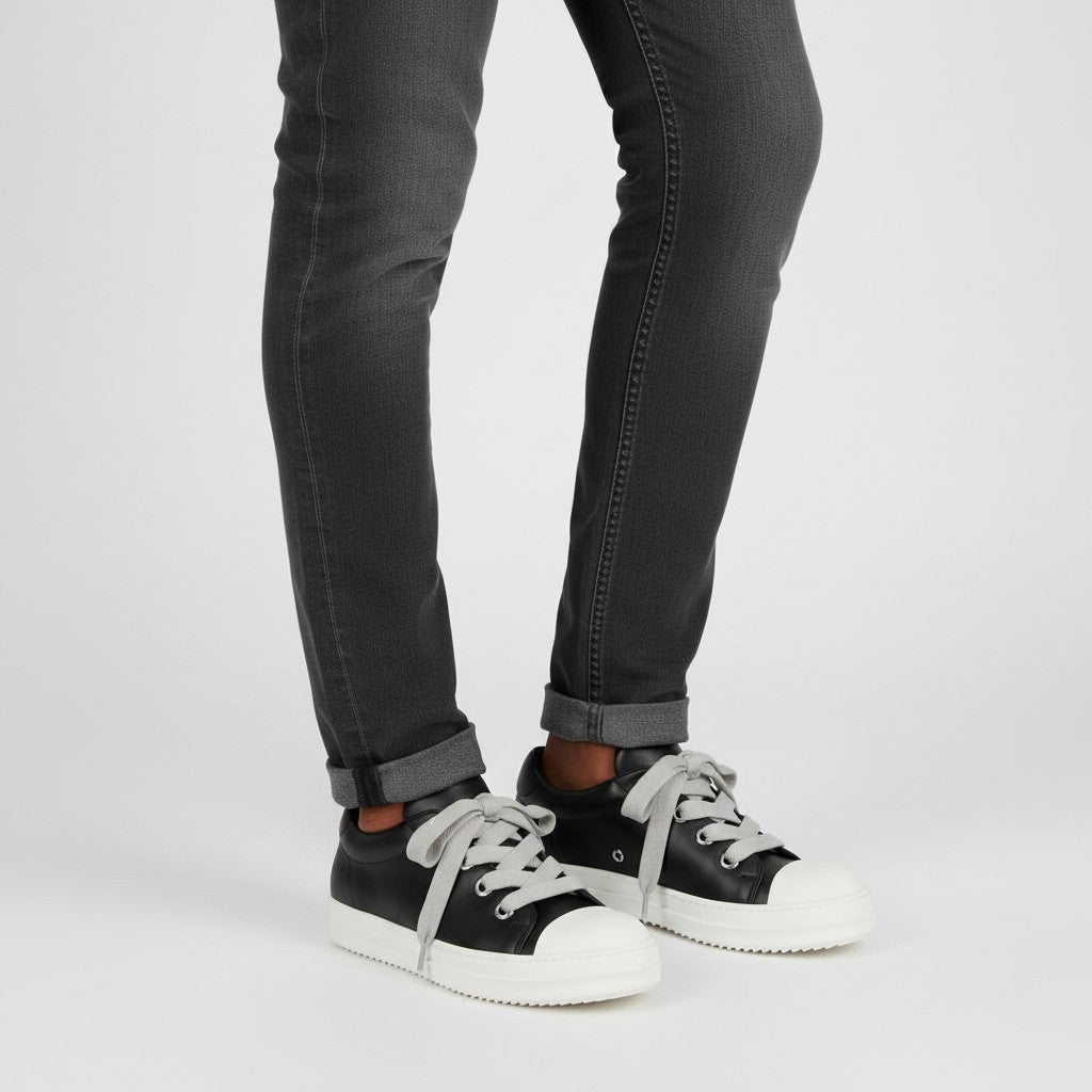 Men's Black Leather Low-Top Sneakers with Wide Grey Laces
