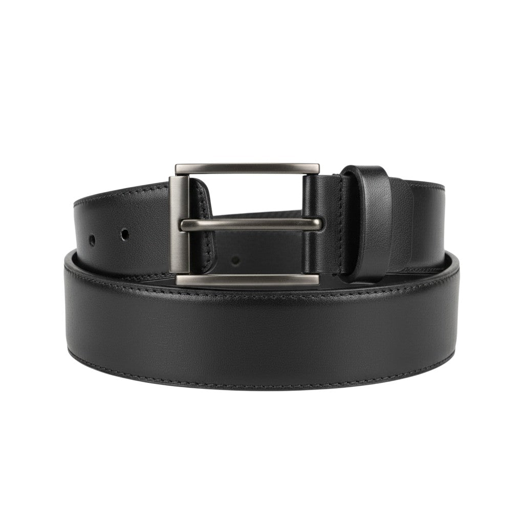 Black Leather Angular Matte Buckle Belt Men's