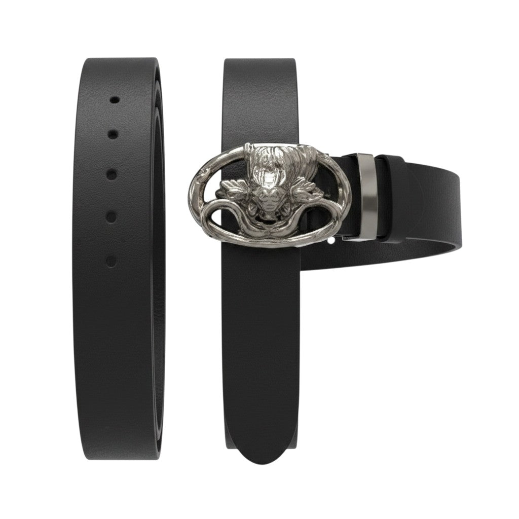 Black Smooth Leather Silver Medusa Buckle Men's Belt