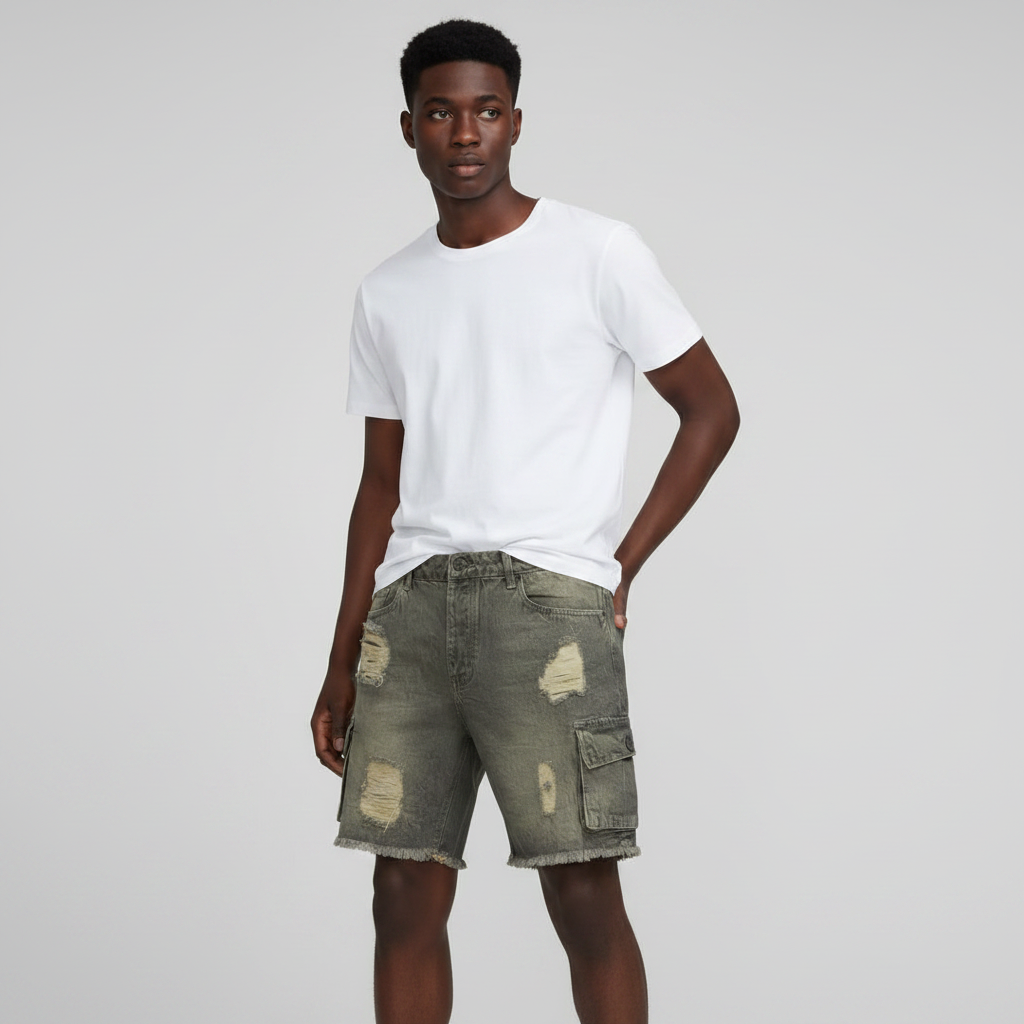 Men's Distressed Ripped Denim Shorts – Vintage Olive Wash