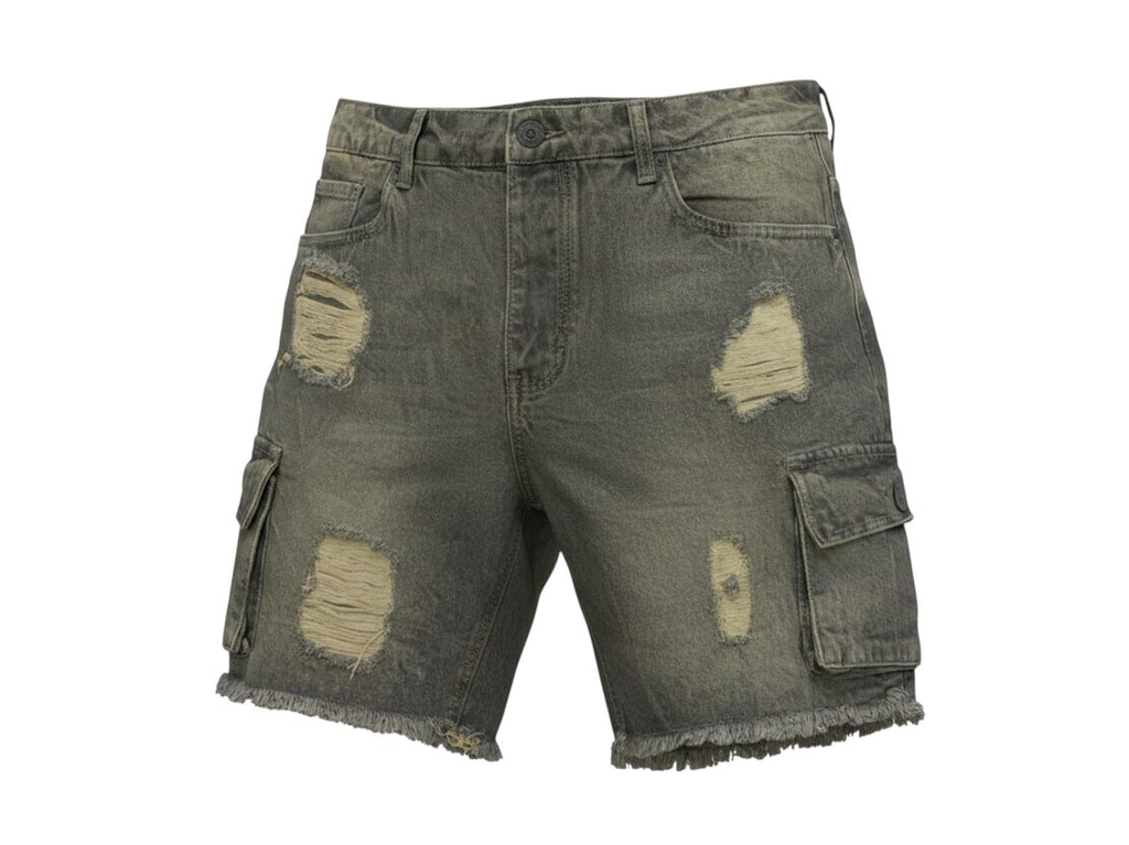 Men's Distressed Ripped Denim Shorts – Vintage Olive Wash