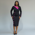 Women's Black & Fuchsia Button Detail Bodycon Midi Dress