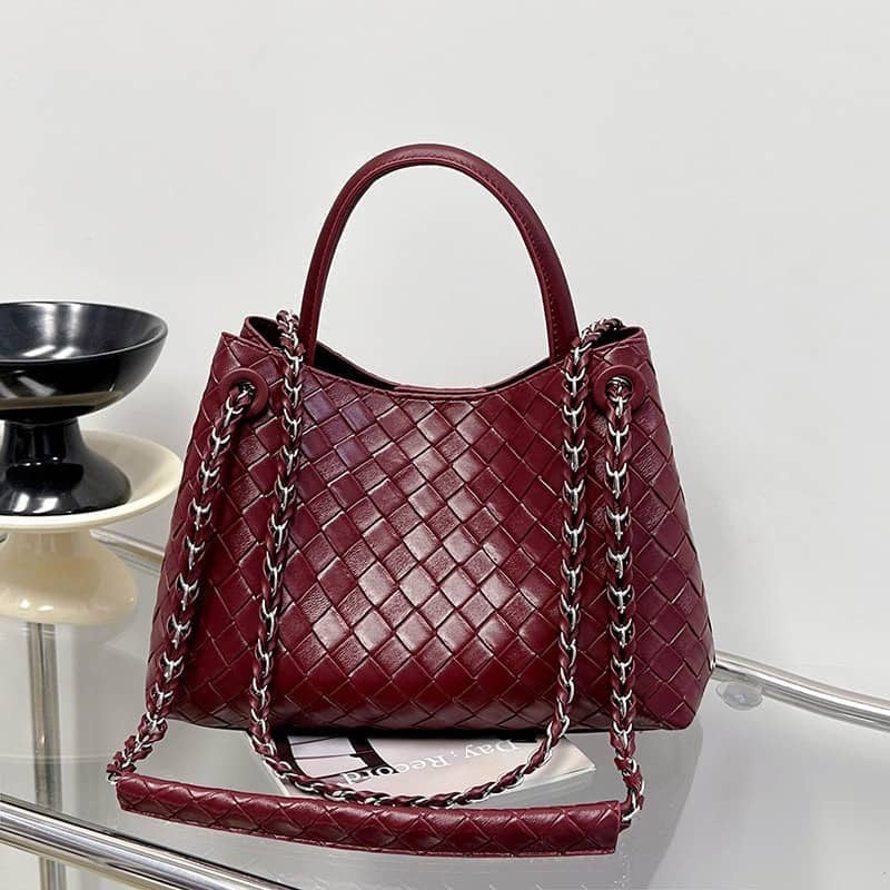 Burgundy Woven-Effect Chain-Handle Bag