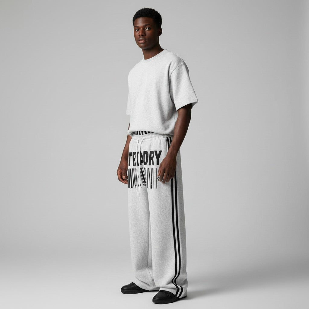 Unisex Barcode Graphic Wide-Leg Jogger Pants with Stripe Detail