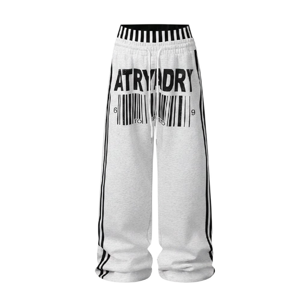 Unisex Barcode Graphic Wide-Leg Jogger Pants with Stripe Detail