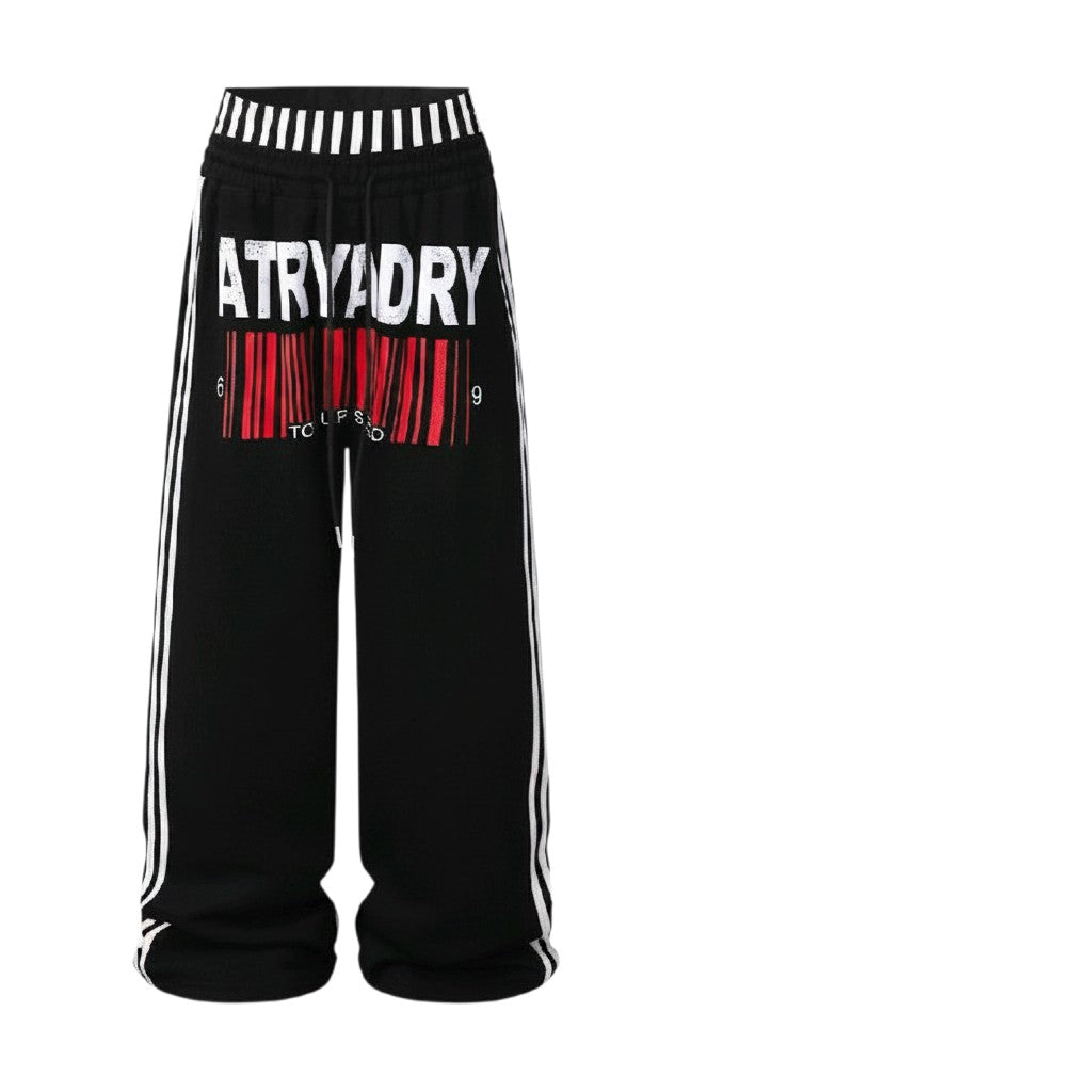Unisex Barcode Graphic Wide-Leg Jogger Pants with Stripe Detail