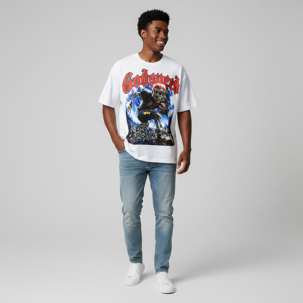 Men's White Godspeed Life Goes Run Football Graphic Oversized Tee