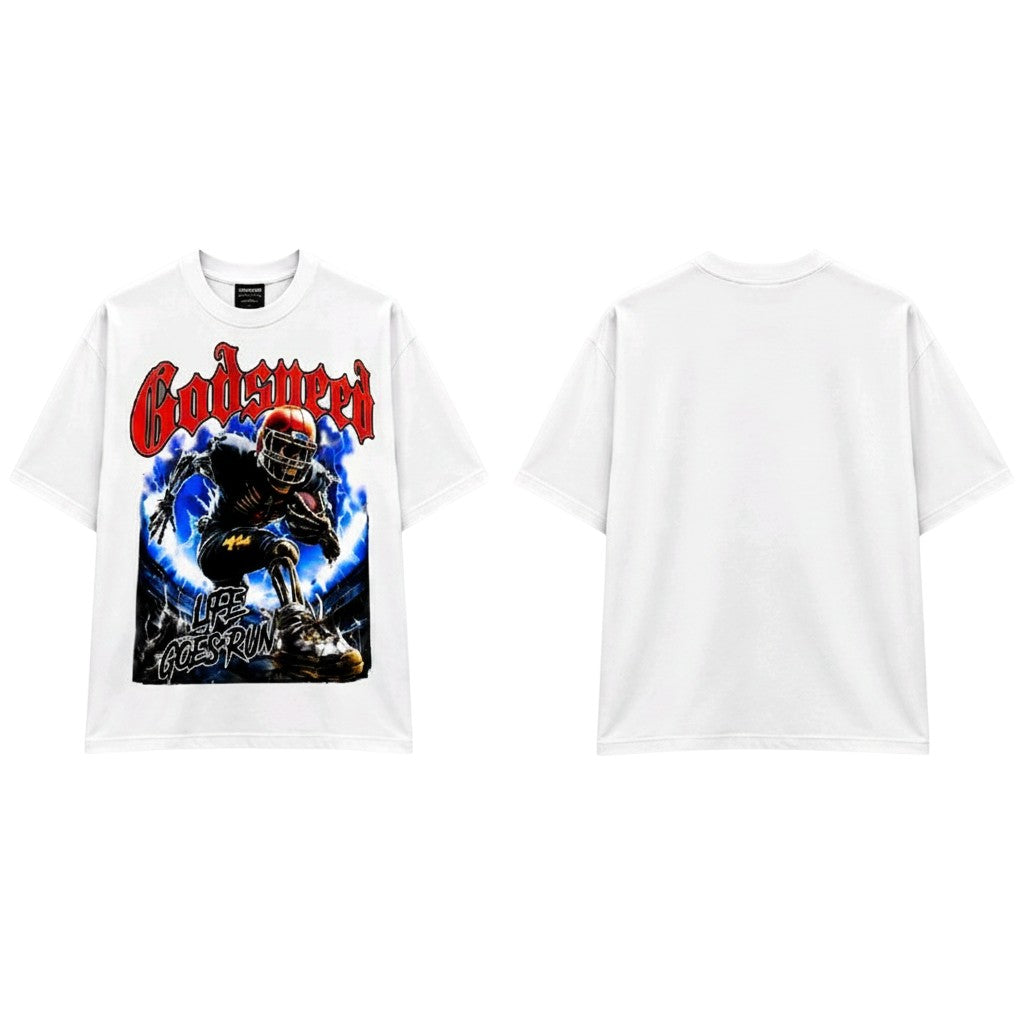 Men's White Godspeed Life Goes Run Football Graphic Oversized Tee