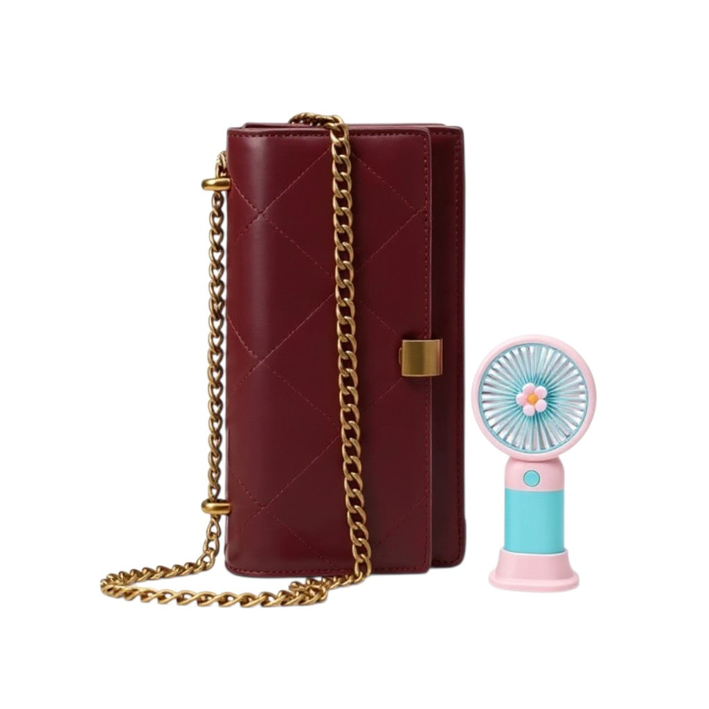 Quilted Crossbody Bag with Mini Hand Fan Set
