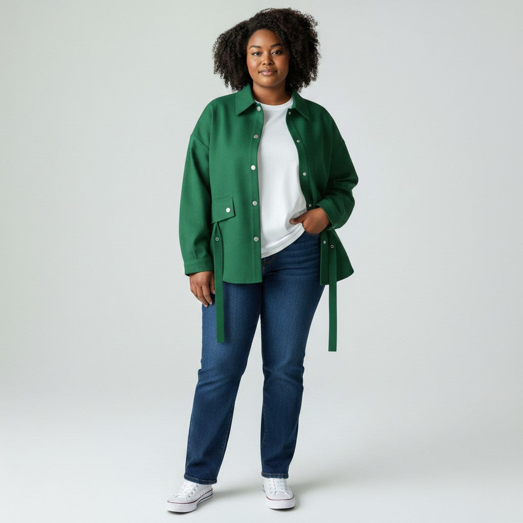 Women's Emerald Green Cropped Belted Utility Shirt Jacket