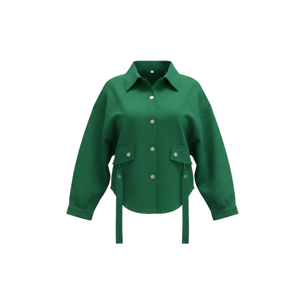 Women's Emerald Green Cropped Belted Utility Shirt Jacket