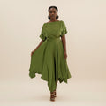 Women's Olive Green Asymmetric Hem Belted Midi Dress