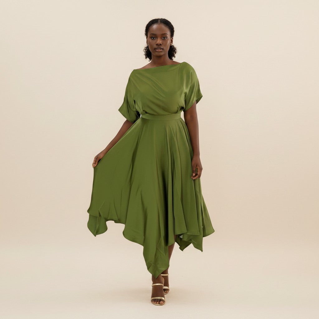 Women's Olive Green Asymmetric Hem Belted Midi Dress