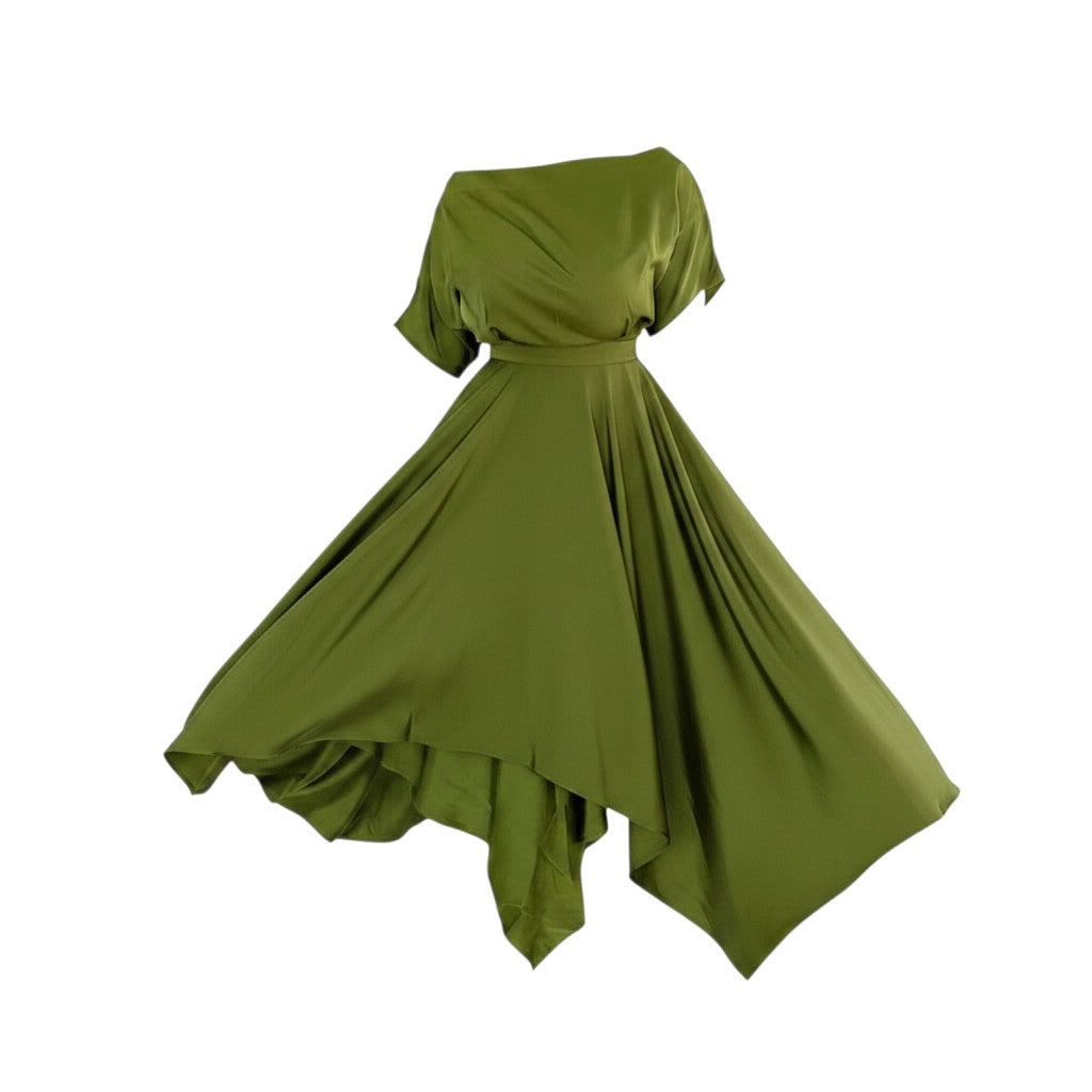 Women's Olive Green Asymmetric Hem Belted Midi Dress