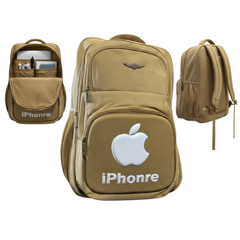 Khaki Apple Logo Embossed Unisex School Backpack