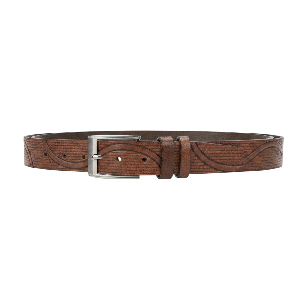 Embossed Patterned Leather Belt Single-Prong Buckle