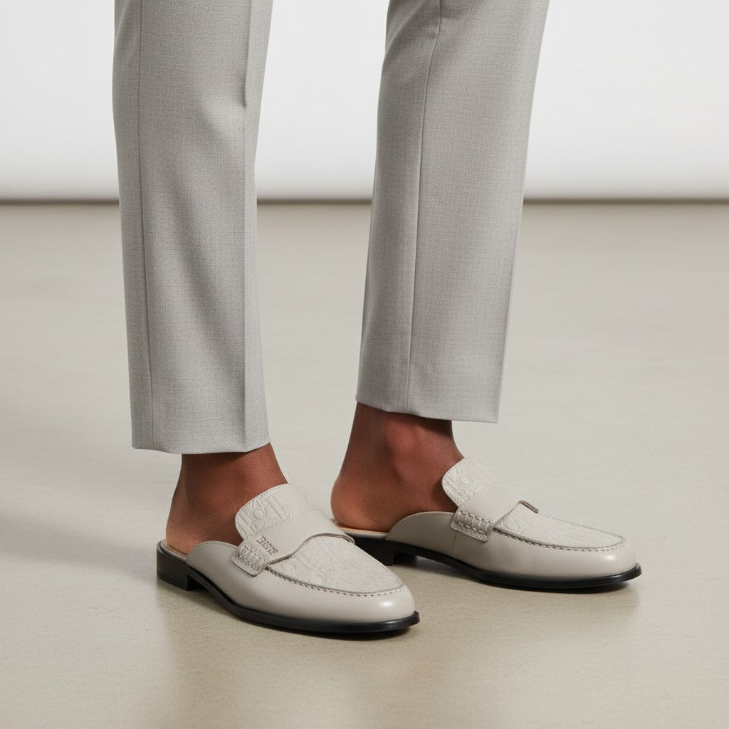 Men's Grey Embossed Monogram Leather Backless Mule Loafers with Mustard Sole