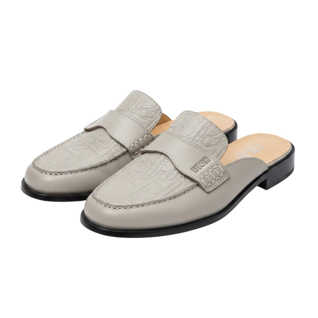 Men's Grey Embossed Monogram Leather Backless Mule Loafers with Mustard Sole
