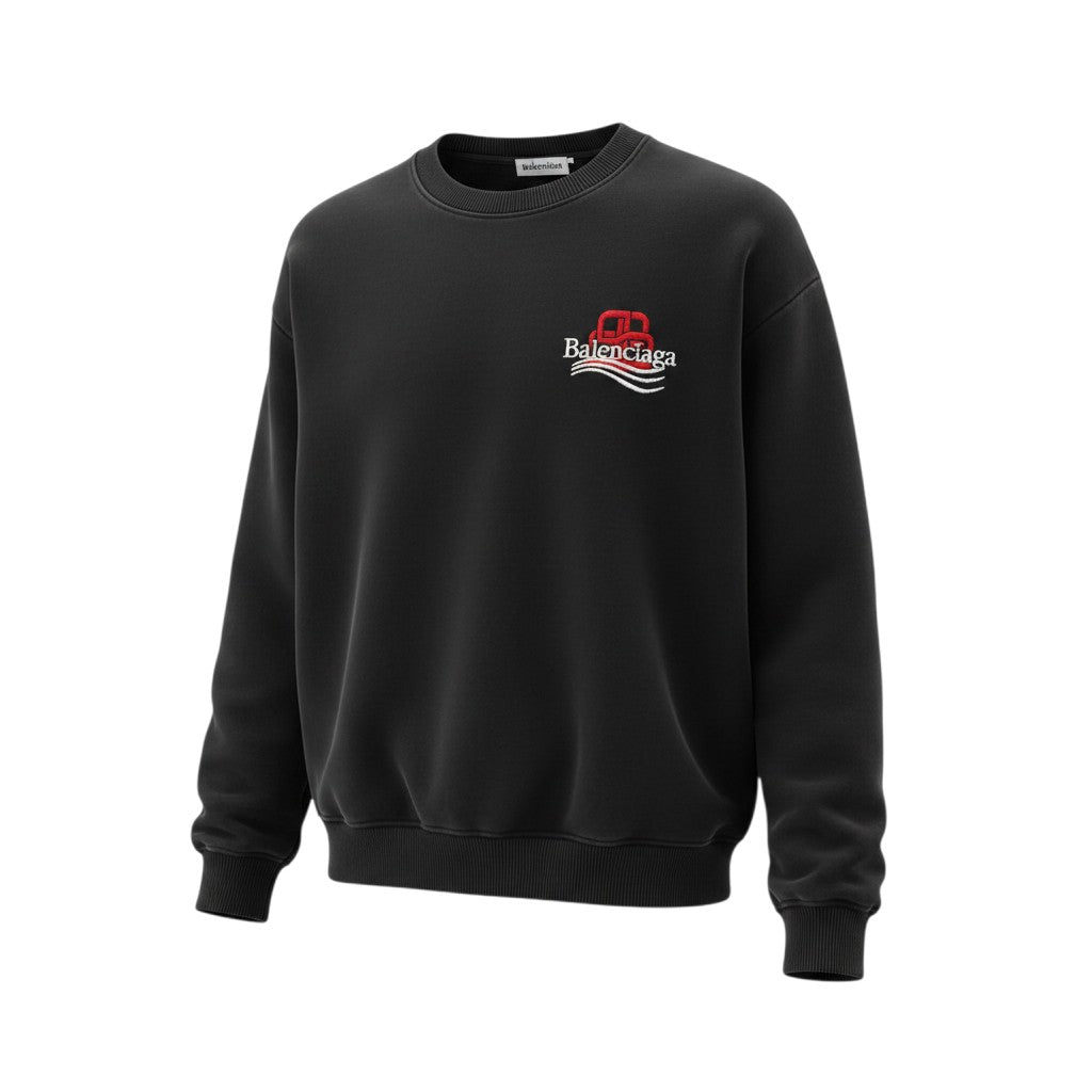 Men's Black Script Logo Embroidery Oversized Crew Neck Sweatshirt