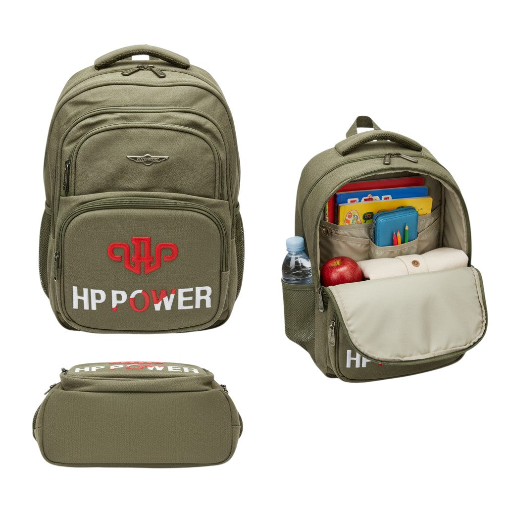 Olive Green Canvas Multi-Pocket Unisex School Backpack