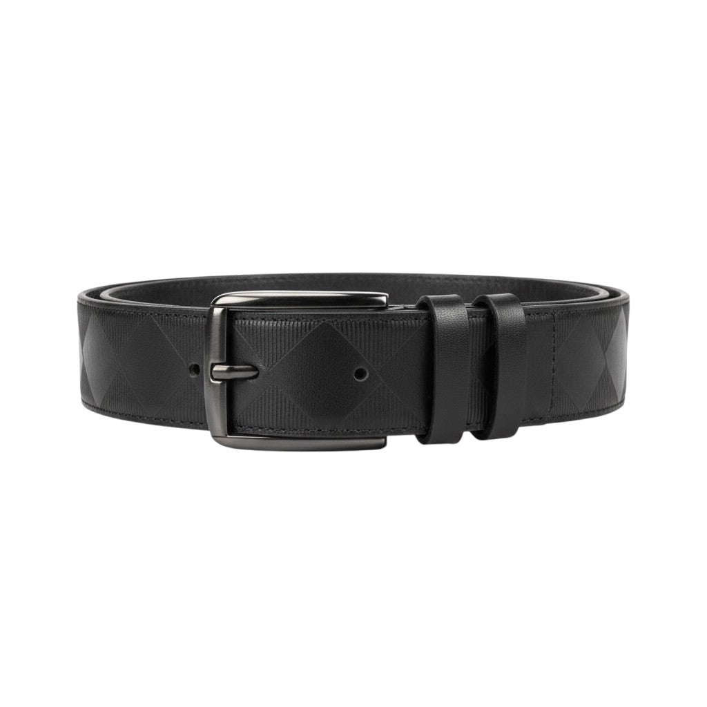 Black Grid Check Embossed Leather Belt Men's