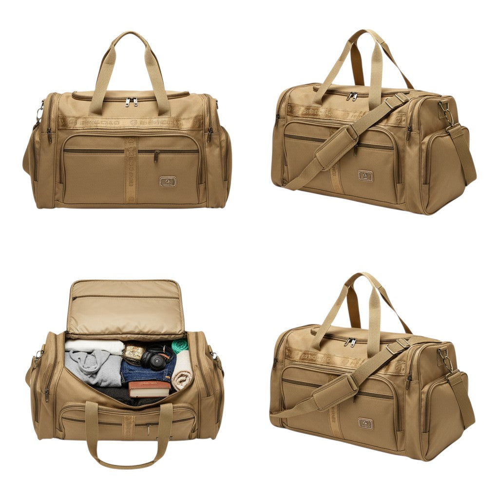 Khaki Large Multi-Pocket Duffel Travel Bag