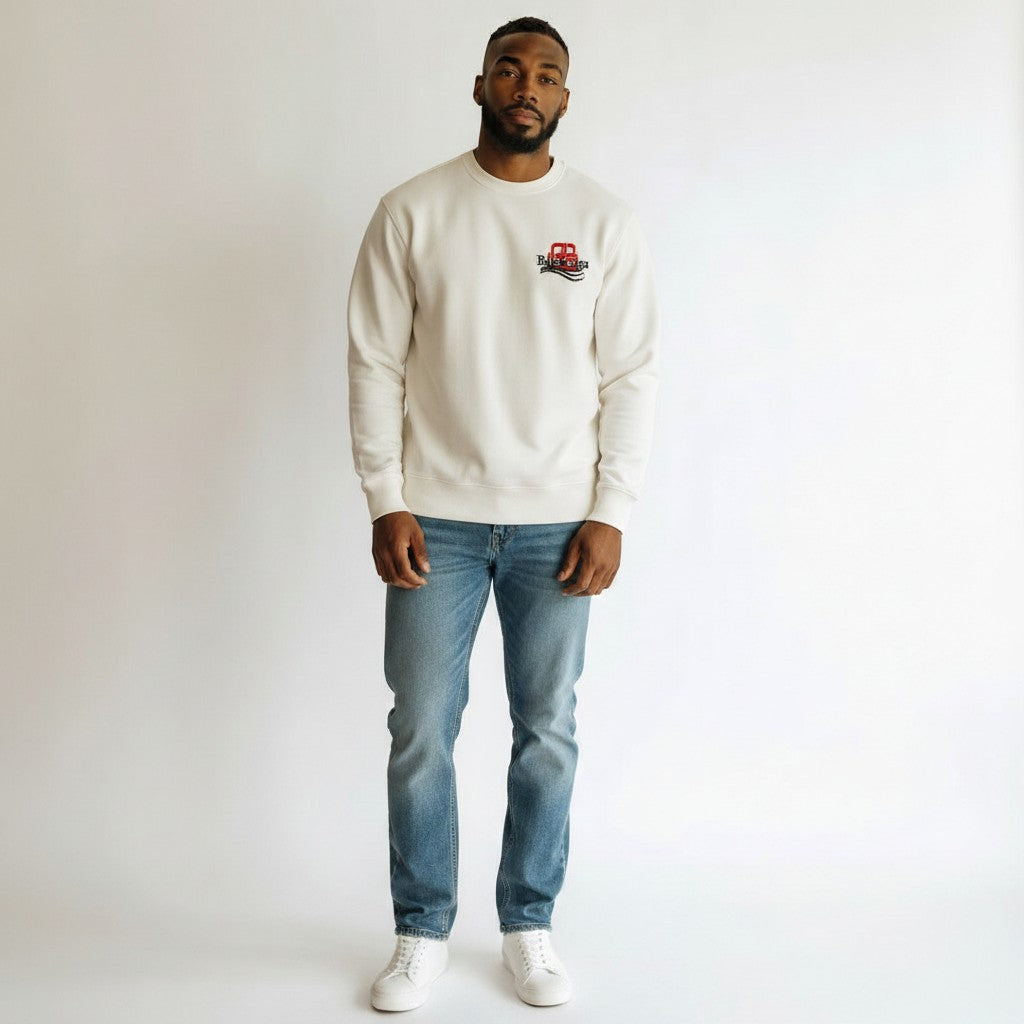 Men's White Script Logo Embroidery Oversized Crew Neck Sweatshirt